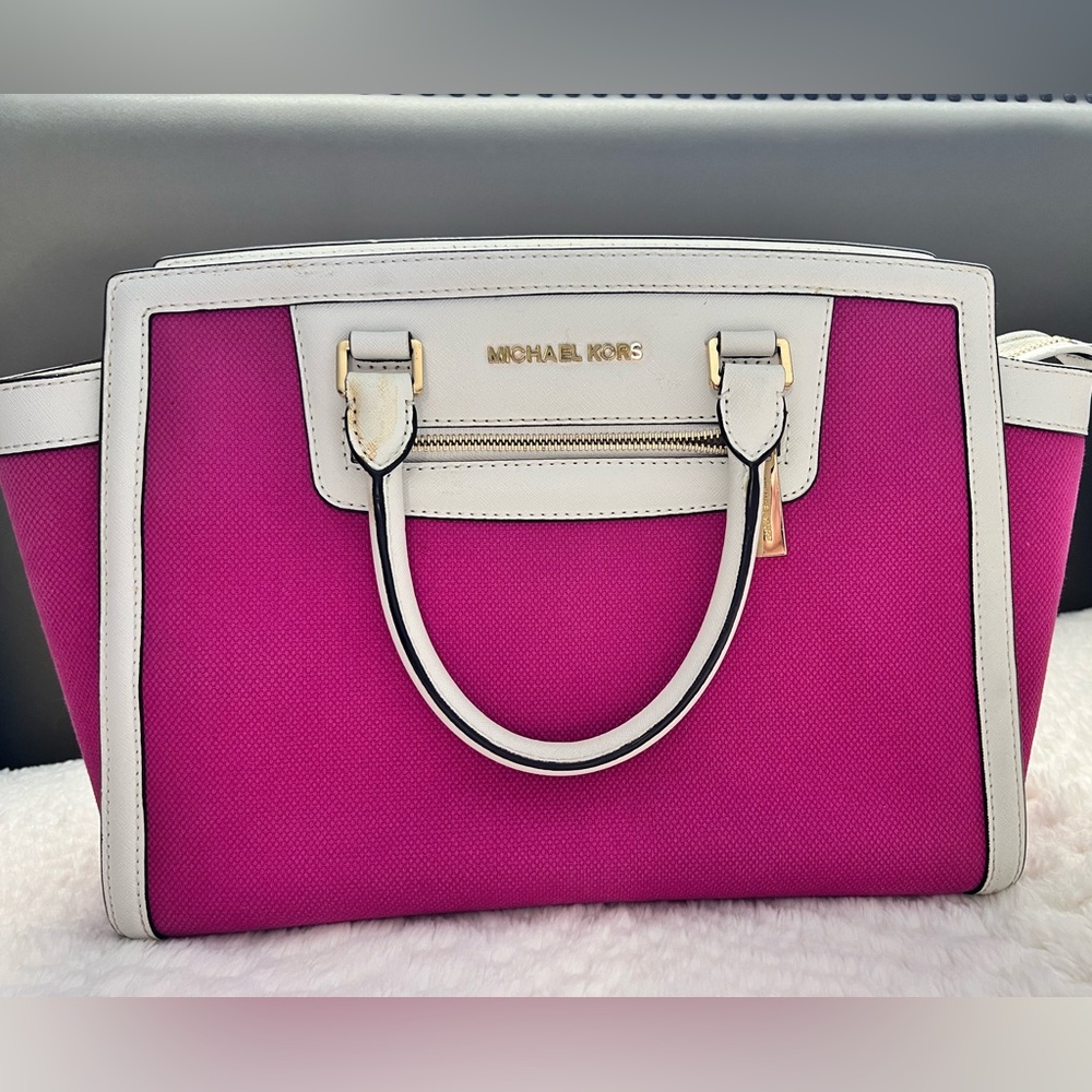 Michael Kors Satchel Tote Handbag Purse Pink White Leather Trim Crossbody MK Bag